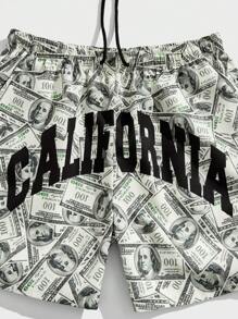 ROMWE MEN Street Life Men Dollar & Letter Graphic Drawstring Waist Shorts, School - Multicolor - View 3