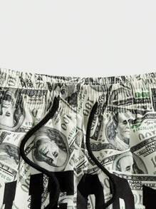 ROMWE MEN Street Life Men Dollar & Letter Graphic Drawstring Waist Shorts, School - Multicolor - View 4