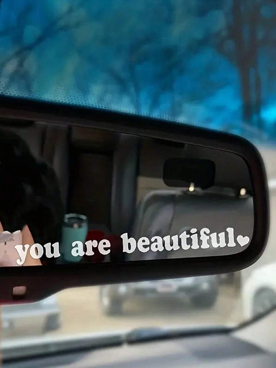 1pc Heart & Slogan Graphic Car Rearview Mirror Sticker - White - View 1