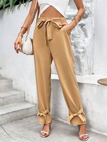 SHEIN LUNE 素色下擺打結腰帶長褲 - 卡其色 - 查看 3