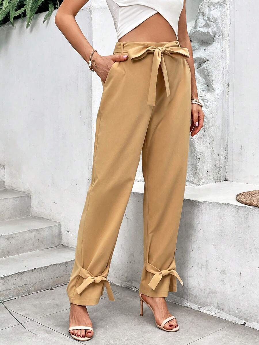 SHEIN LUNE 素色下擺打結腰帶長褲 - 卡其色 - 查看 1
