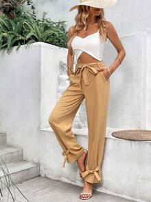 SHEIN LUNE 素色下擺打結腰帶長褲 - 卡其色 - 查看 4