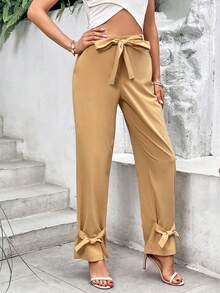 SHEIN LUNE 素色下擺打結腰帶長褲 - 卡其色 - 查看 5