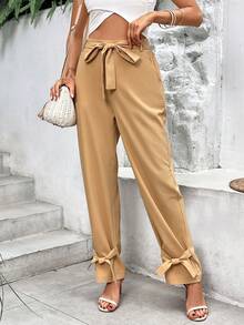 SHEIN LUNE 素色下擺打結腰帶長褲 - 卡其色 - 查看 6