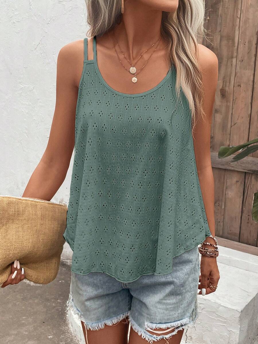 SHEIN LUNE Solid Eyelet Embroidery Tank Top - Mint Green - View 1