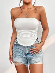 SHEIN PETITE Áo nữ Bất đối xứng Xù màu trơn Giải trí - trắng - Xem 1