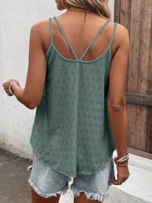 SHEIN LUNE Solid Eyelet Embroidery Tank Top - Mint Green - View 2