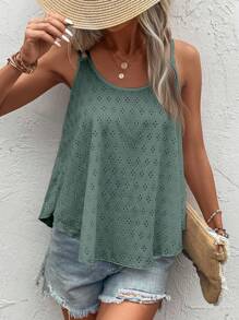 SHEIN LUNE Solid Eyelet Embroidery Tank Top - Mint Green - View 3