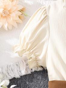 Tween Girl Two Tone Puff Sleeve Shirt Dress With Corset - Apricot - View 4