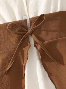 Tween Girl Two Tone Puff Sleeve Shirt Dress With Corset - Apricot - View 9