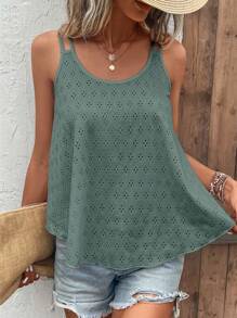 SHEIN LUNE Solid Eyelet Embroidery Tank Top - Mint Green - View 4