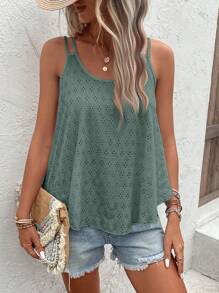 SHEIN LUNE Solid Eyelet Embroidery Tank Top - Mint Green - View 5