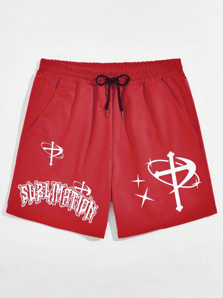 ROMWE MEN Street Life Quần Short Nam Dây kéo Túi Thắt nơ trước Đồ họa Lá thư Giải trí - Đỏ - Xem 1