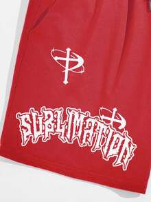 ROMWE MEN Street Life Quần Short Nam Dây kéo Túi Thắt nơ trước Đồ họa Lá thư Giải trí - Đỏ - Xem 4