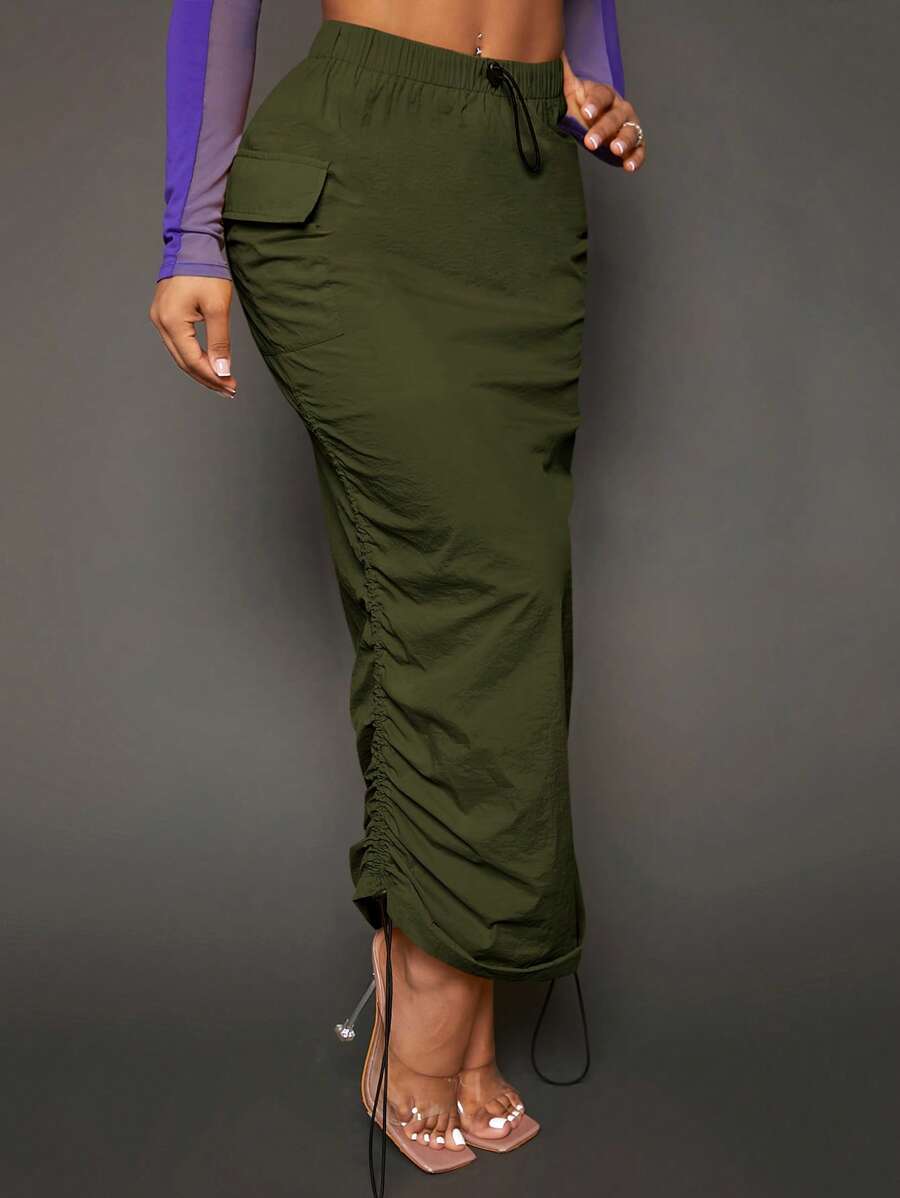 SHEIN SXY Drawstring Waist Flap Pocket Ruched Pencil Skirt - Army Green - View 1