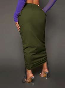 SHEIN SXY Drawstring Waist Flap Pocket Ruched Pencil Skirt - Army Green - View 2