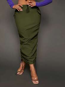 SHEIN SXY Drawstring Waist Flap Pocket Ruched Pencil Skirt - Army Green - View 3