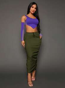 SHEIN SXY Drawstring Waist Flap Pocket Ruched Pencil Skirt - Army Green - View 4