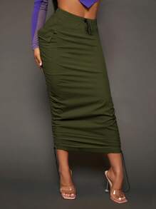 SHEIN SXY Drawstring Waist Flap Pocket Ruched Pencil Skirt - Army Green - View 5