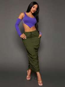 SHEIN SXY Drawstring Waist Flap Pocket Ruched Pencil Skirt - Army Green - View 6