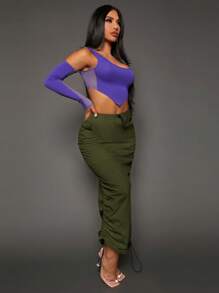 SHEIN SXY Drawstring Waist Flap Pocket Ruched Pencil Skirt - Army Green - View 7
