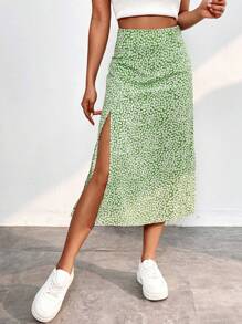 SHEIN PETITE Váy nữ Dây kéo Tách cao Họa tiết hoa Boho - màu xanh lá - Xem 3