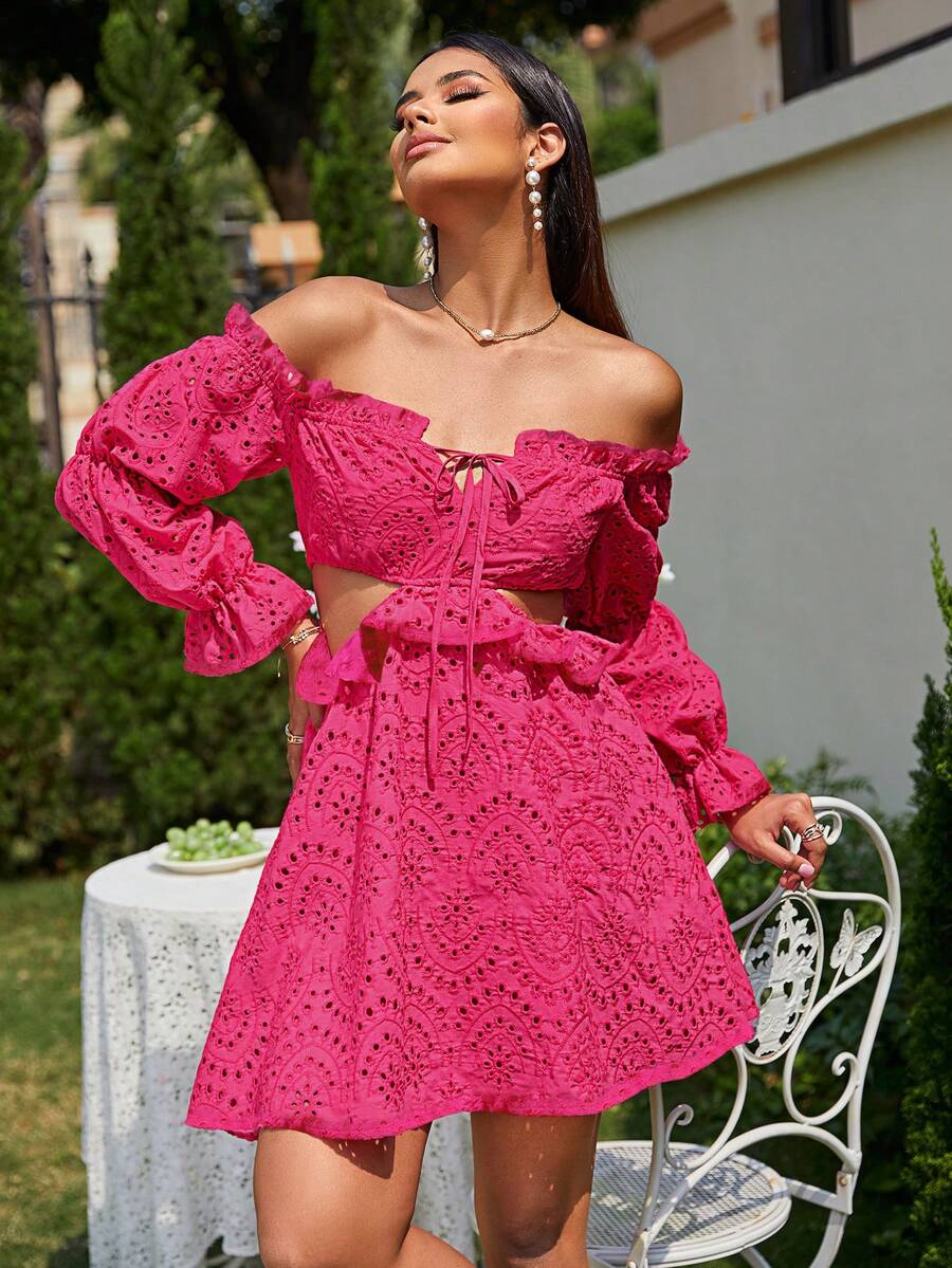 Glamaker 一字肩前繫帶荷葉邊洋裝 - 玫紅色 - 查看 1