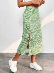 SHEIN PETITE Váy nữ Dây kéo Tách cao Họa tiết hoa Boho - màu xanh lá - Xem 1