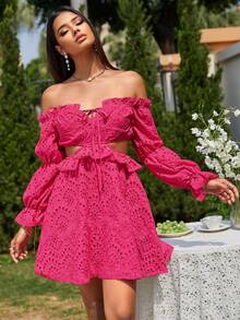 Glamaker 一字肩前繫帶荷葉邊洋裝 - 玫紅色 - 查看 5