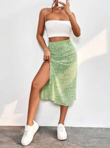 SHEIN PETITE Váy nữ Dây kéo Tách cao Họa tiết hoa Boho - màu xanh lá - Xem 4