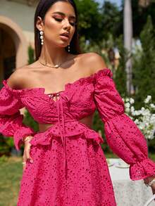 Glamaker 一字肩前繫帶荷葉邊洋裝 - 玫紅色 - 查看 6