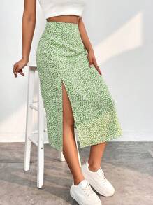 SHEIN PETITE Váy nữ Dây kéo Tách cao Họa tiết hoa Boho - màu xanh lá - Xem 5