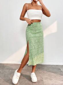 SHEIN PETITE Váy nữ Dây kéo Tách cao Họa tiết hoa Boho - màu xanh lá - Xem 7