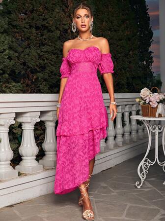 Glamaker Off Shoulder Puff Sleeve Asymmetrical Hem Dress
