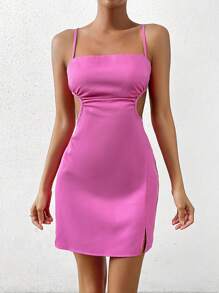 SHEIN EZwear 素色下擺開叉吊帶洋裝 - 玫紅色 - 查看 5