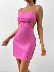 SHEIN EZwear 素色下擺開叉吊帶洋裝 - 玫紅色 - 查看 7