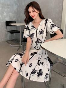 DAZY 印花泡泡袖洋裝 - 黑與白 - 查看 3