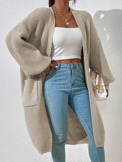 Women's Solid Color Dropped Shoulder Knit Cardigan With Pockets, Long Sleeve Top