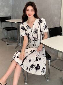 DAZY 印花泡泡袖洋裝 - 黑與白 - 查看 7