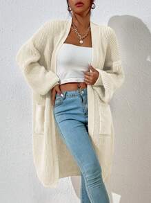 Calvaya Dual Pocket Drop Shoulder Cardigan,Long Sleeve Tops Fall Winter Cloth For Women - Beige - View 4