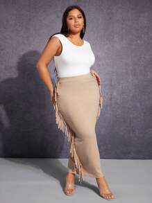 SHEIN SXY Falda de lápiz ribete con fleco - Albaricoque - Ver 4