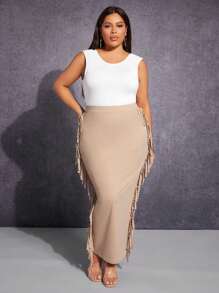 SHEIN SXY Falda de lápiz ribete con fleco - Albaricoque - Ver 5