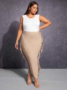 SHEIN SXY Falda de lápiz ribete con fleco - Albaricoque - Ver 6