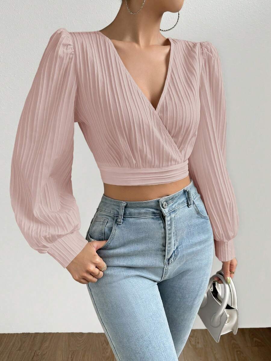 SHEIN Privé Surplice Neck Lantern Sleeve Crop Blouse - Baby Pink - View 1