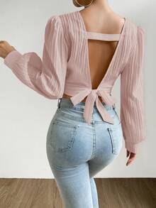 SHEIN Privé Surplice Neck Lantern Sleeve Crop Blouse - Baby Pink - View 2