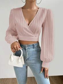 SHEIN Privé Surplice Neck Lantern Sleeve Crop Blouse - Baby Pink - View 3