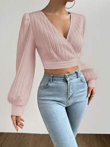 SHEIN Privé Surplice Neck Lantern Sleeve Crop Blouse - Baby Pink - View 4