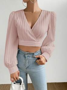 SHEIN Privé Surplice Neck Lantern Sleeve Crop Blouse - Baby Pink - View 6