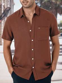 Manfinity Homme Men Solid Button Up Pocket Patched Shirt - Coffee Brown - View 1