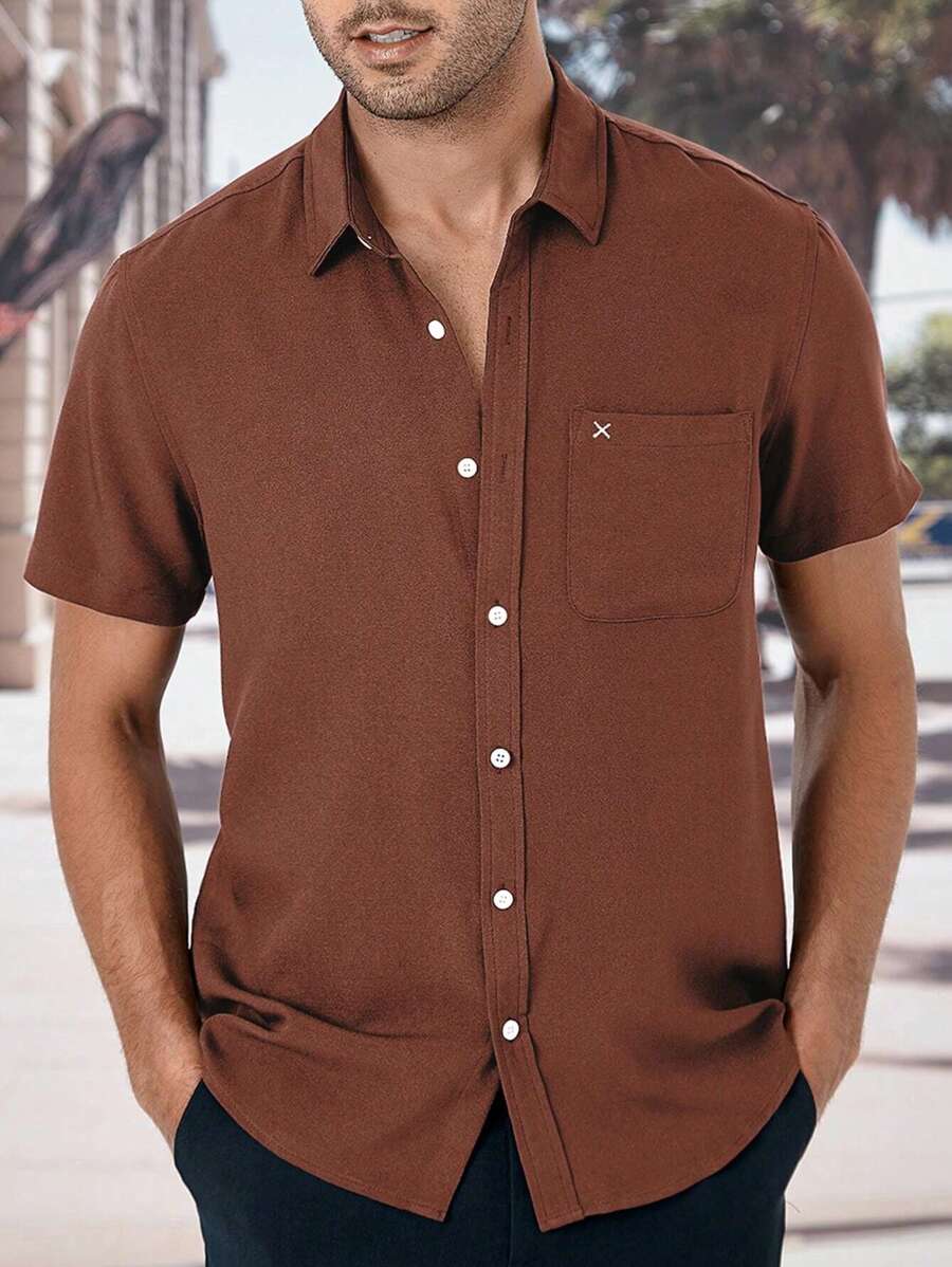 Manfinity Homme Men Solid Button Up Pocket Patched Shirt - Coffee Brown - View 1